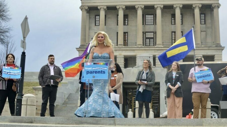 Britney Banks speaks to protesters outside the Tennessee state Capitol on Feb. 14, 2023, as the legislature hears testimony on two bills that would restrict the rights of LGBTQ people in the state.