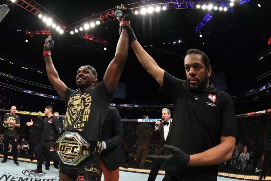 Jon Jones reacts to his title victory over Anthony Smith