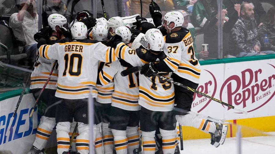 The Bruins celebrate a well earned win in overtime against Dallas
