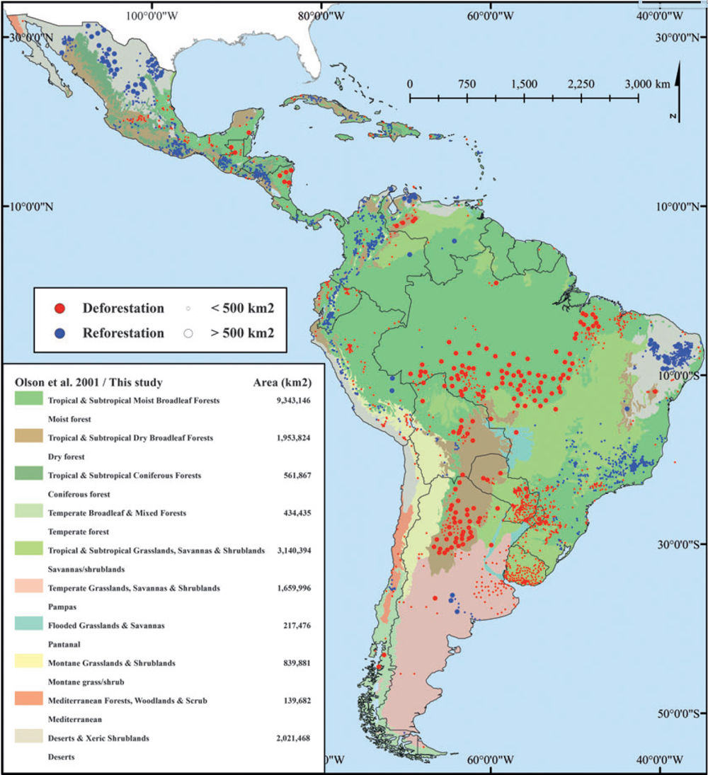 Map of South Americas deforestation.