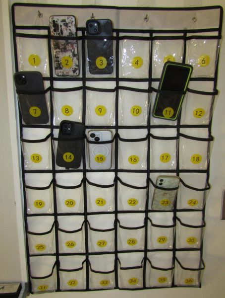 Cell phone “parking lot” that students are expected to put their phones in for the duration of class.