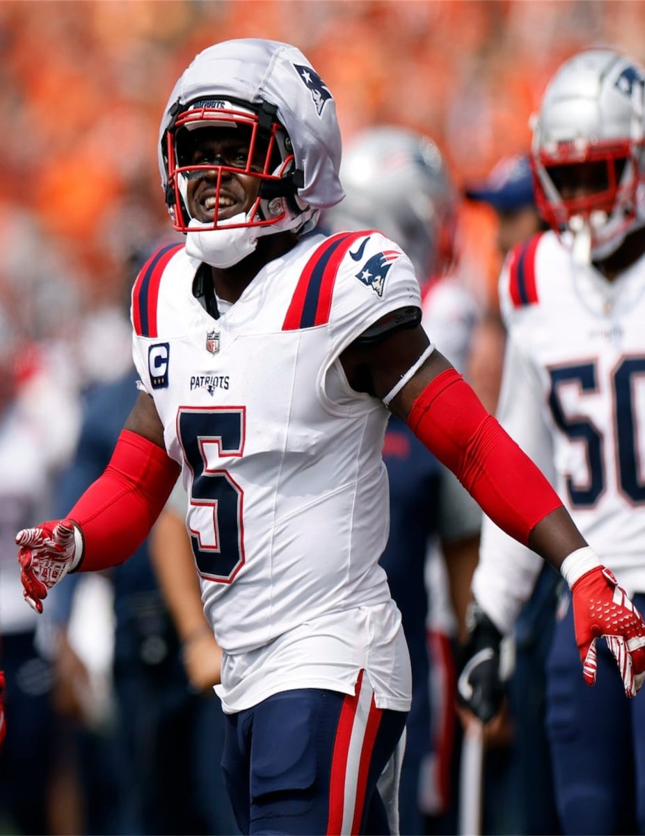 New England Patriots safety Jabril Peppers wears a guardian cap during last Sunday's game against the Cincinnati Bengals