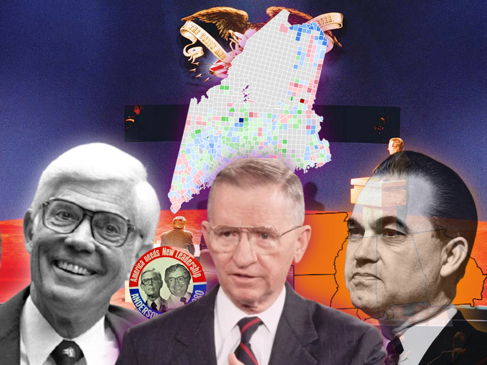 (L-R) John B. Anderson (I-IL), 1980 Independent candidate + campaign button, Ross Perot (I-TX), 1992 Independent candidate + Maine electoral map + George Wallace (AI-AL), 1968 American Independent Party candidate + won states. Images depicted courtesy of Washington University in St. Louis, Wikipedia, Ebay, ABC News, Politico, African American Registry.