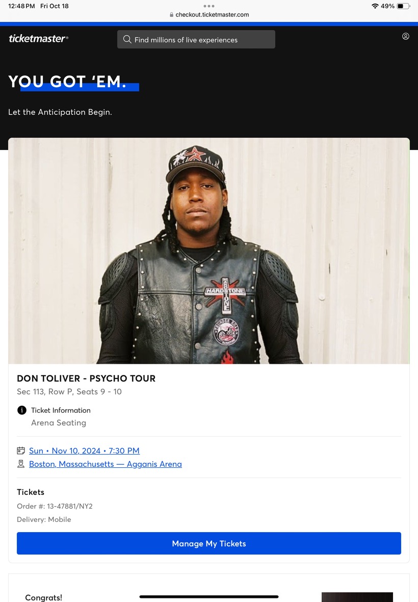 This is the screenshot from my ticket to attend the Don Toliver concert.