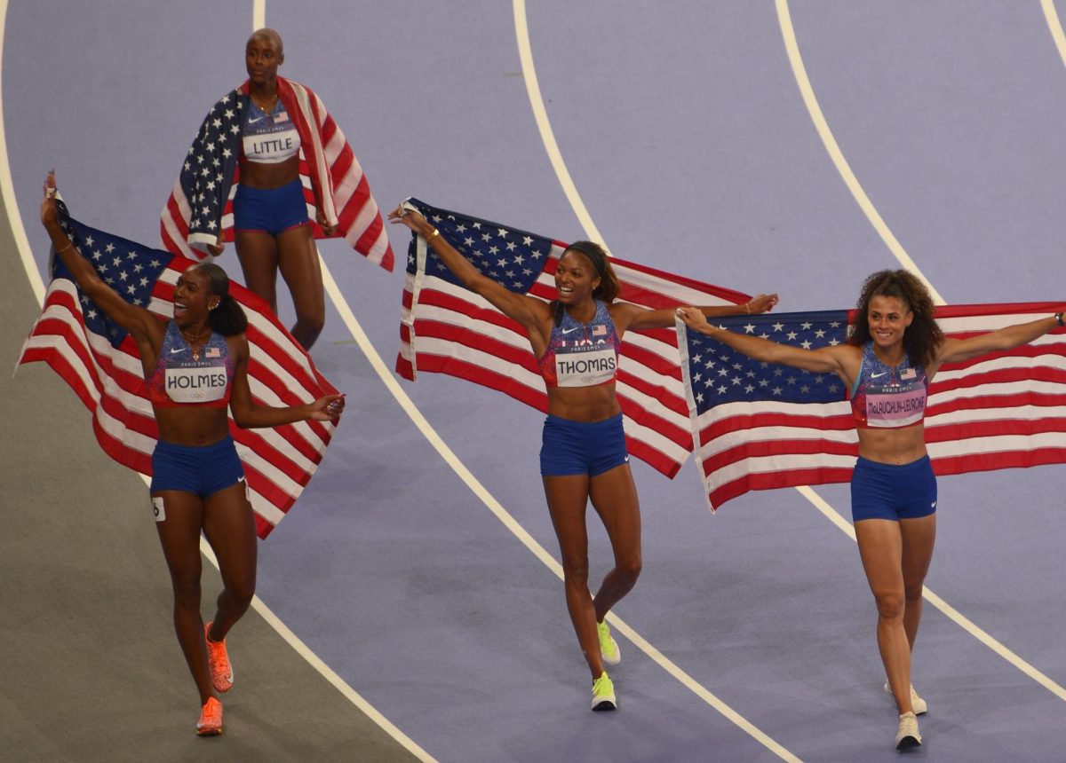 The USA Womens' 4 by 400 meter team takes gold at the 2024 Summer Olympics in Paris. (PhotobyCitizen59is licensed underCC0 1.0 Universal)