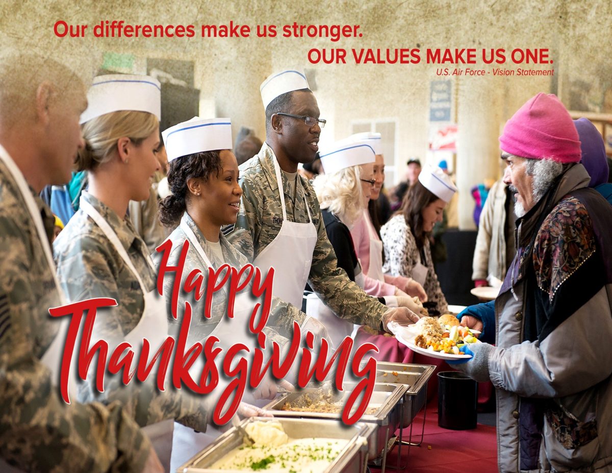 No matter who you are or where you are, be thankful for all that you have, including those serving in the military. (Photo courtesy of the U.S. Air Force and the U.S. Air Force graphic by David Perry)