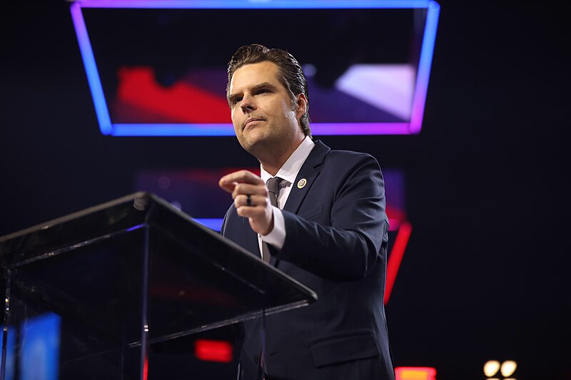 U.S. Congressman Matt Gaetz speaking with attendees at the 2023 AmericaFest at the Phoenix Convention Center in Phoenix, Arizona.
(Gage Skidmore--Public Domain)