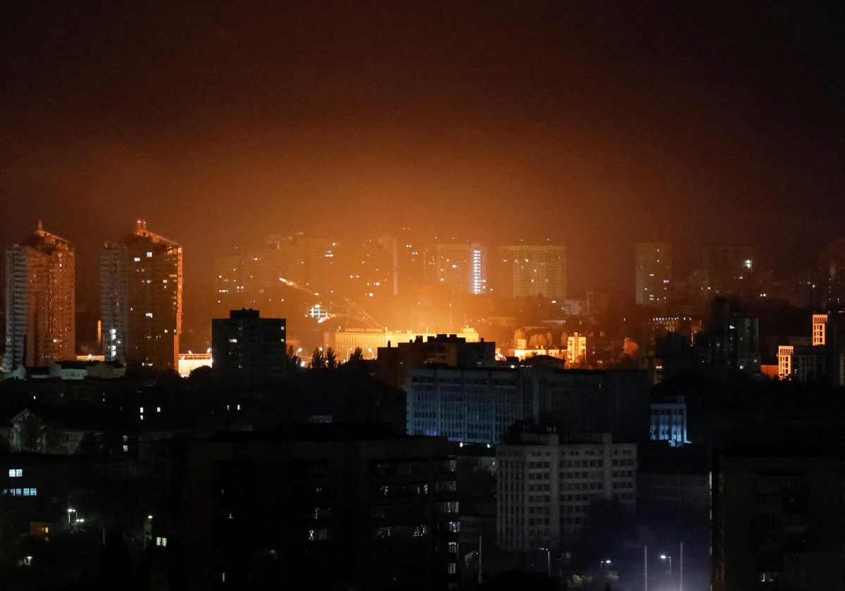 An explosion of a drone lights up the sky over the city during a Russian drone strike, amid Russia's attack on Ukraine, in Kyiv, Ukraine September 19, 2025. REUTERS/Gleb Garanich