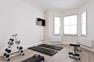 A nice home gym set up in someones house with equipment