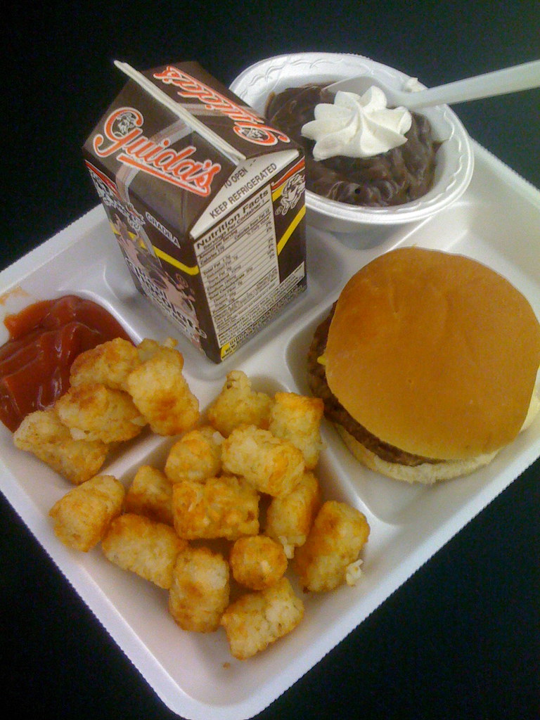 A traditional school lunch that is served in America is shown.