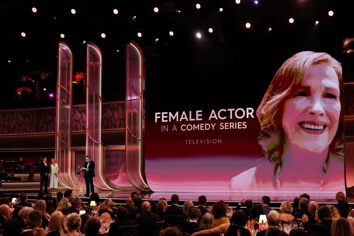 Seth Rogen accepts the Outstanding Performance By A Female Actor In A Comedy Series award on behalf of Catherine O'Hara for "The Studio" during the Actor Awards, in Los Angeles, California, U.S., March 1, 2026. REUTERS/Mario Anzuoni