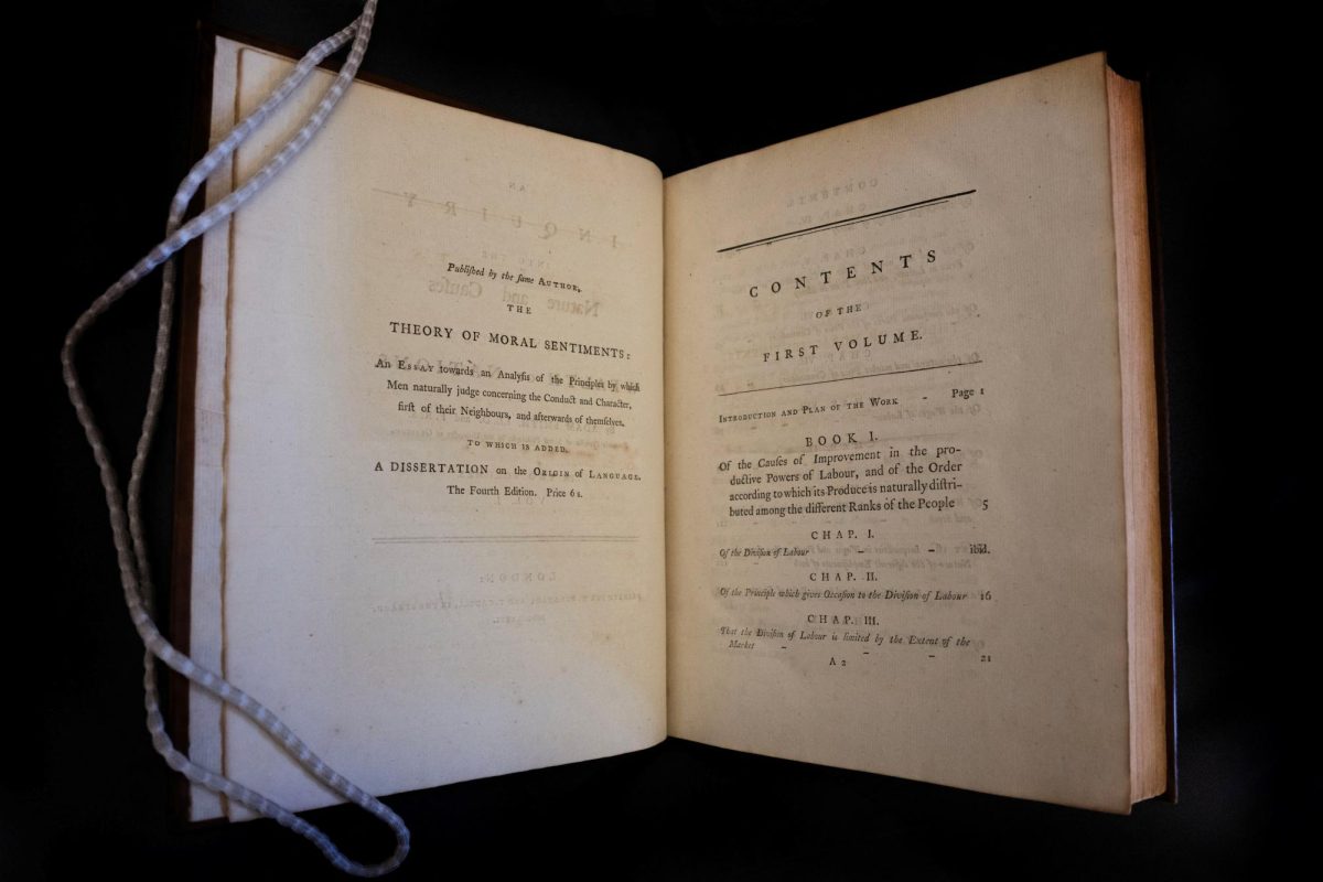 The first edition of The Wealth of Nations, written in 1776 by Scottish philosopher and economist Adam Smith, on display at the University of Glasgow Library, Glasgow, Scotland, Britain February 26, 2026. REUTERS/Lesley Martin